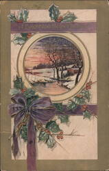 A Bright and Merry Christmas Winter Landscape with Holly and Bow Postcard