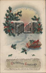 Christmas Greetings with Holly, Snow, Gate, and Gift Postcard