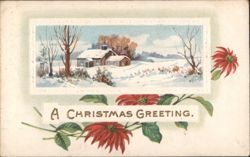 Christmas Greeting, Snow-Covered House, Winter Landscape & Poinsettias Postcard