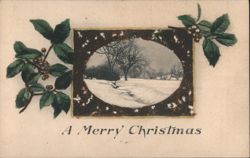Winter Landscape with Bare Trees, Holly Border, A Merry Christmas Postcard