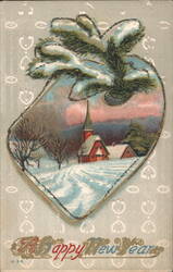 Snowy Winter Church Scene with Pine Bough Frame, A Happy New Year Postcard
