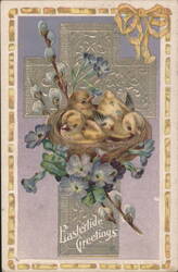 Eastertide Greetings with Chicks in Nest, Pussy Willows & Blue Flowers Postcard