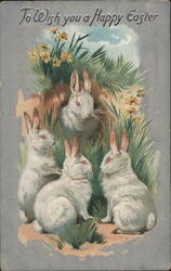 Easter Greeting with Four White Bunnies and Yellow Flowers Postcard