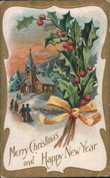 Merry Christmas & Happy New Year, Winter Church Scene with Holly Postcard