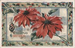 Sincerest Christmas Greetings with Red Poinsettias and Holly Border Postcard
