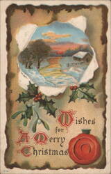 Merry Christmas Winter Scene with Holly, Mistletoe & Red Wax Seal Postcard