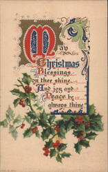 Christmas Blessings Greeting with Holly and Berries Postcard