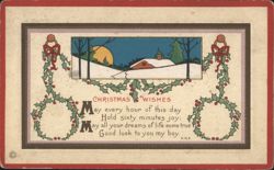 Christmas Wishes Winter Scene with Holly Wreaths and Poem Postcard