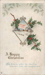 A Happy Christmas Holly & Snowy Village Scene Postcard