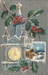 Snowy Clock Tower with Holly, Happy New Year Greeting Postcard