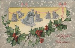 Christmas Bells and Holly with Berries, A Joyful Christmas Greeting Postcard