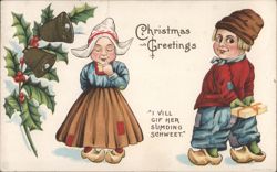 Christmas Greetings with Dutch Girl and Boy Holding Gift Postcard