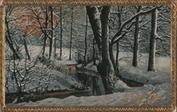 Winter Woods Stream, Snow Covered Trees, Merry Xmas Greeting Postcard