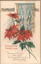 Christmas Greetings Poinsettias by Window with Poem Postcard