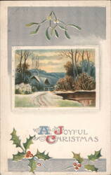 A Joyful Christmas Winter Landscape with Mistletoe and Holly Postcard