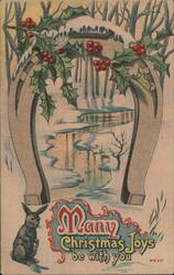 Christmas Horseshoe with Holly, Winter Scene, and Rabbit Postcard