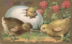 A Joyful Easter Chicks Hatching from Egg and Eating Worms Postcard