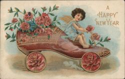 Cherub in Rose-Filled Shoe Carriage, A Happy New Year Greeting Postcard