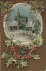 Christmas Winter Scene with Snow-Covered Church, Holly & Bells Postcard