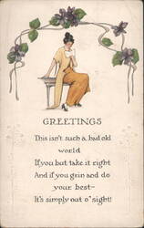 Greetings Postcard: Woman Reading Letter with Floral Arch & Optimistic Poem Postcard