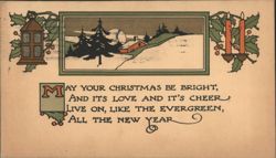 Christmas Winter Scene with Red House, Evergreen Trees, Lantern & Candles Postcard