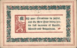 Christmas & New Year Greeting with Holly Border & Ornate Initial Postcard
