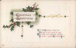Christmas Greetings with Holly and Berries, Joyous Christmas Time Wish Postcard
