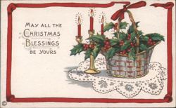 Christmas Blessings, Holly Basket and Candles Greeting Postcard