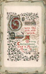 Merry Christmas & Bright New Year Greeting with Ornate Holly & Roses Postcard