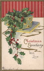 Christmas Greetings With Love, Holly & Berries, Wrapped Gifts Postcard