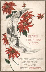 Poinsettias, Crescent Moon & Winter Scene, Hearty Christmas Wishes Postcard
