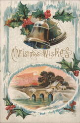 Christmas Wishes Bells Holly Winter Landscape Pownal ME Postcard