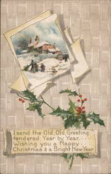 Christmas & New Year Greeting with Snowy House Scene and Holly Postcard