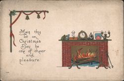 Christmas Greeting with Fireplace, Holly, Bells, and Holiday Verse Postcard