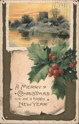 Merry Christmas & Happy New Year Greeting with Holly & Winter Village Scene Postcard