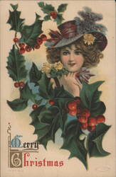 Merry Christmas: Woman in Feathered Hat with Holly Postcard