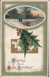 Greetings for a Happy Christmas, Winter Landscape with Holly Postcard