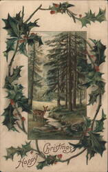 Happy Christmas Greeting with Forest Scene, Deer, and Holly Frame Postcard