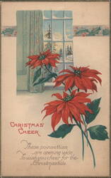 Christmas Cheer Poinsettias & Snowy Window with Holly Border Postcard
