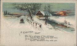 A Christmas Wish: Snowy Winter Landscape with Sleigh and Home at Sunset Postcard