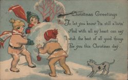 Christmas Greetings: Children Building Snowman with Dog in Winter Scene Postcard