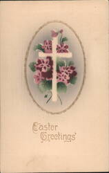 Easter Greetings Cross with Purple Flowers Gold Oval Frame Postcard