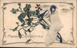 A Merry Christmas: Holly & Mistletoe Bouquet, Gloved Hand, Blue Ribbon Postcard