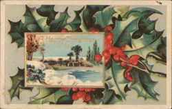 A Happy Christmas Greeting with Holly and Winter Landscape Scene Postcard