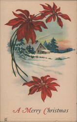 Poinsettias Frame Snowy Winter Cabin Scene, A Merry Christmas Greeting Postcard