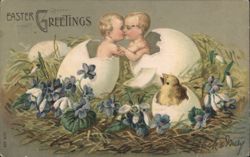Easter Greetings: Kissing Babies in Eggs with Chick and Violets Postcard