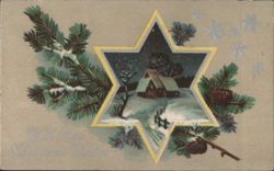 Christmas Star with Snow-Covered Cabin, Pine Branches, Best Wishes Postcard