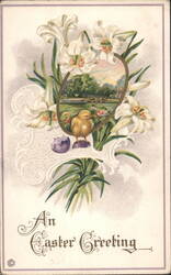 Easter Greeting with Lilies, Chick, Egg, and Landscape Scene Postcard