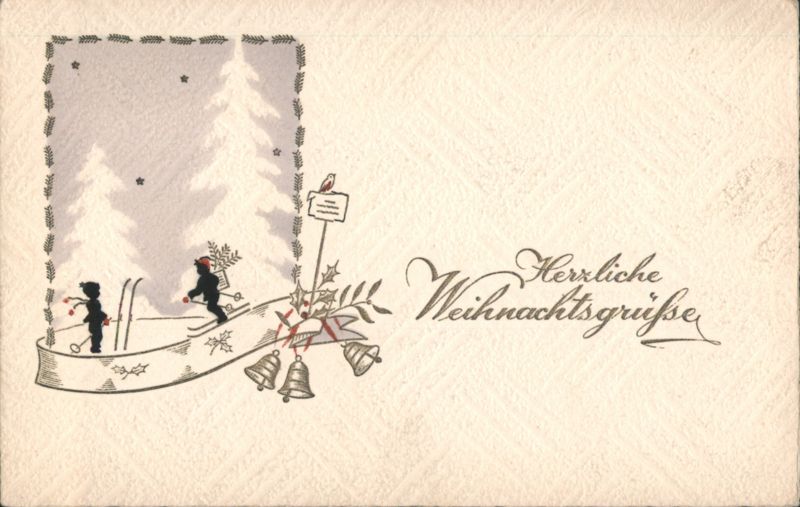 German Christmas Greetings, Children Skiing in Winter Forest, Bells