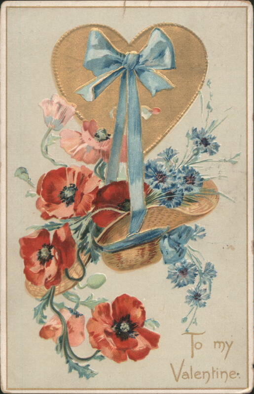 Golden Heart with Blue Ribbon, Red Poppies, and Blue Cornflowers To my Valentine